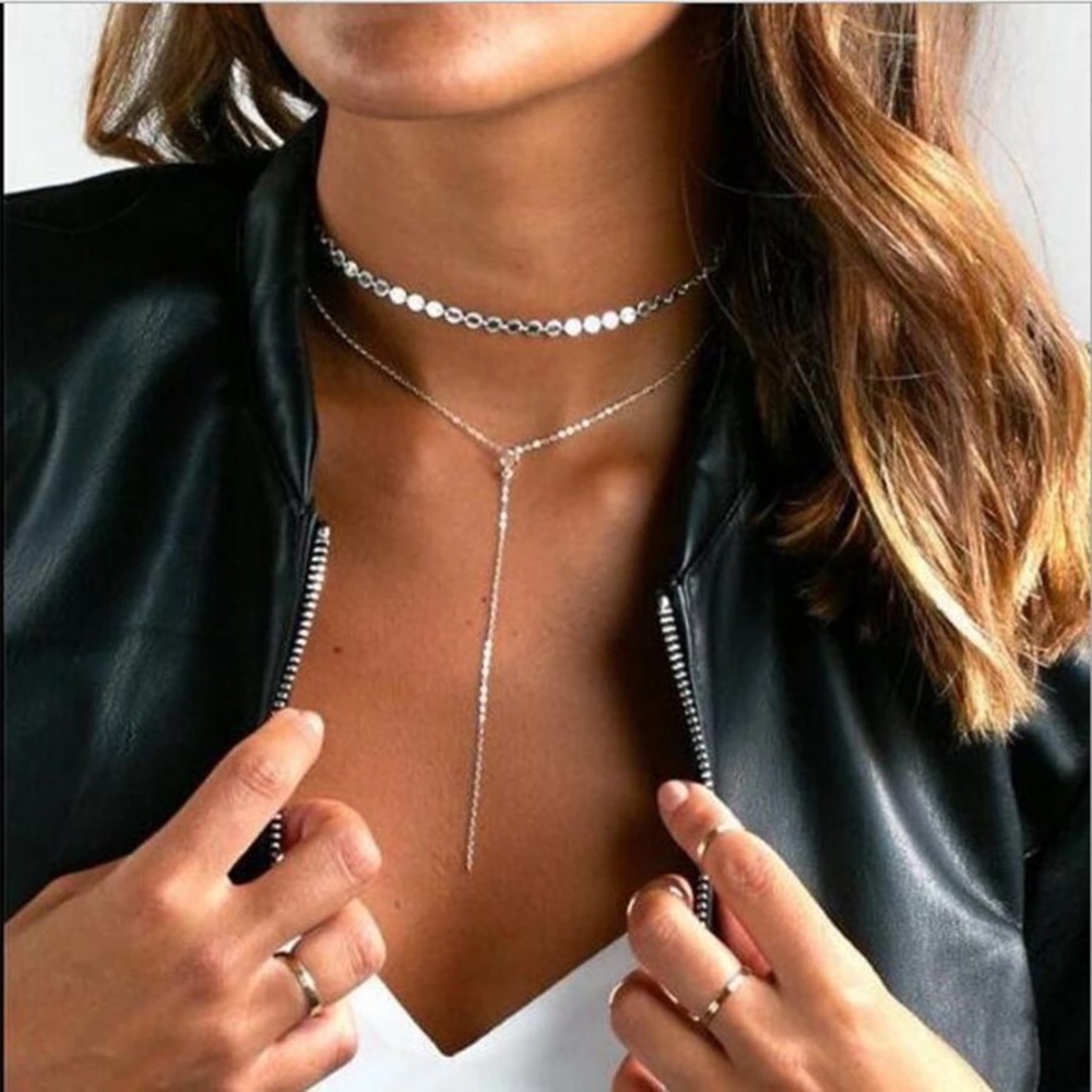 Layered Coin dainty choker• boho• silver